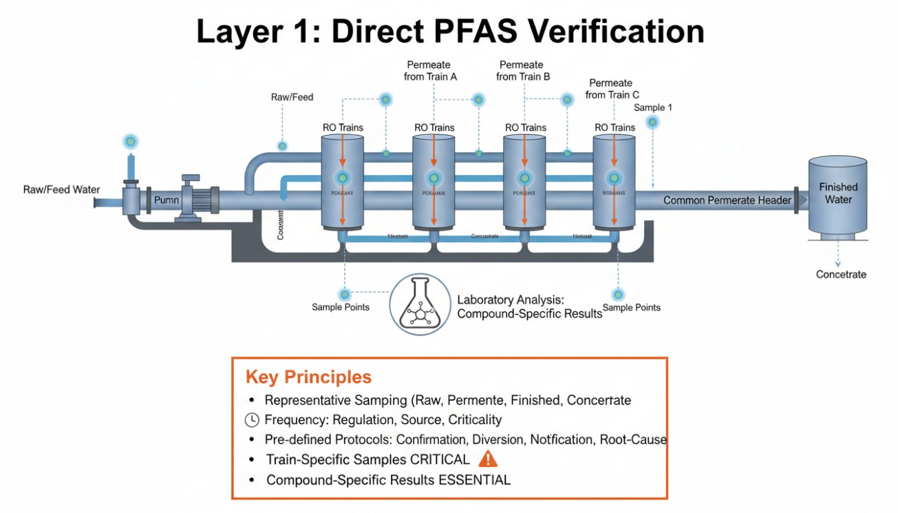 PFAS verification sampling points for raw water, individual membrane trains, finished water and concentrate laboratory analysis.